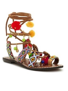 Sam Edelman Multicolor Pom-Pom Embellished Lace-Up Sandal - Brown SZ : 8